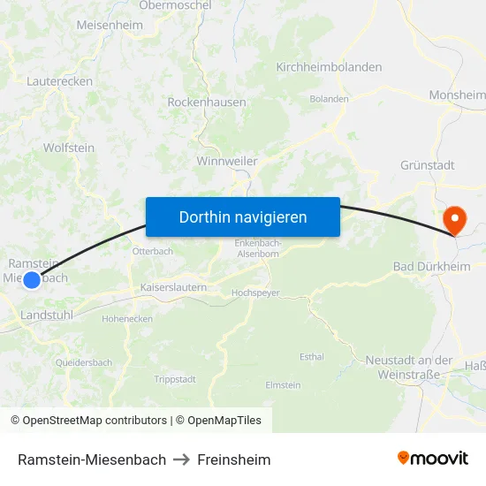 Ramstein-Miesenbach to Freinsheim map