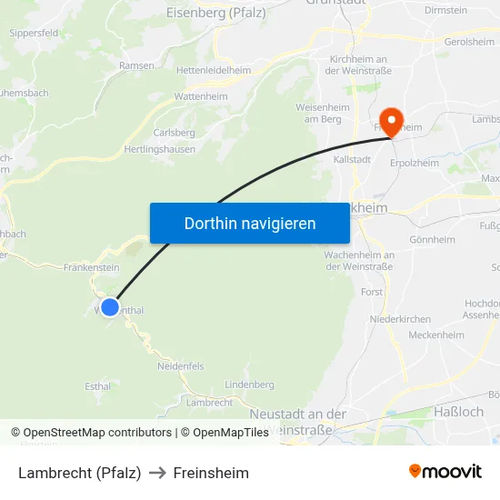 Lambrecht (Pfalz) to Freinsheim map