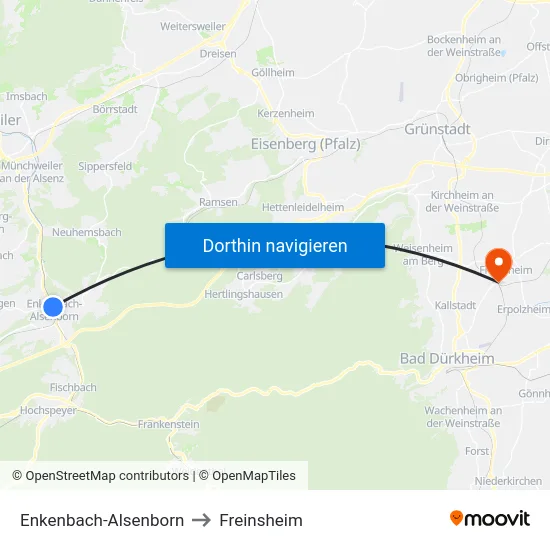 Enkenbach-Alsenborn to Freinsheim map