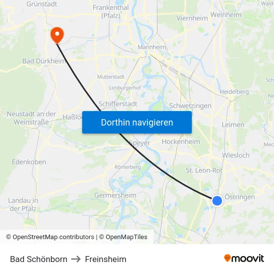 Bad Schönborn to Freinsheim map