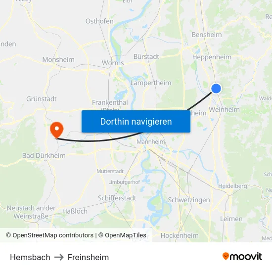 Hemsbach to Freinsheim map