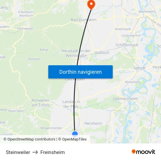Steinweiler to Freinsheim map