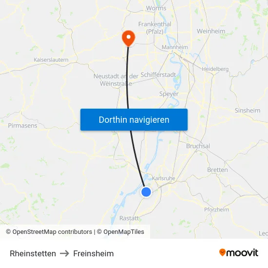 Rheinstetten to Freinsheim map