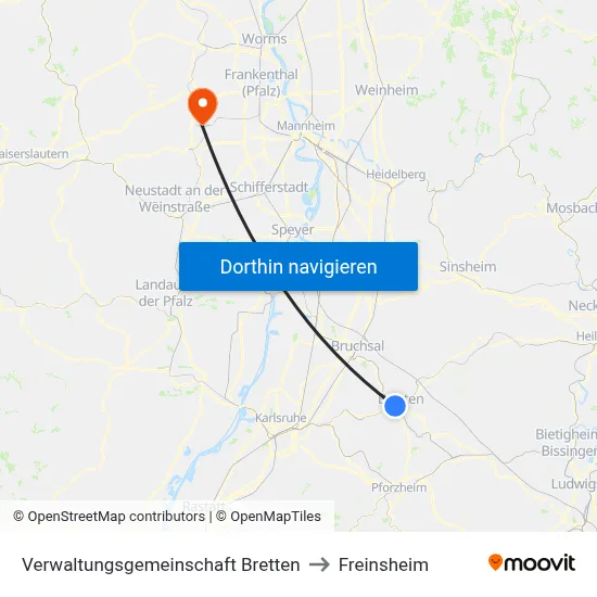 Verwaltungsgemeinschaft Bretten to Freinsheim map