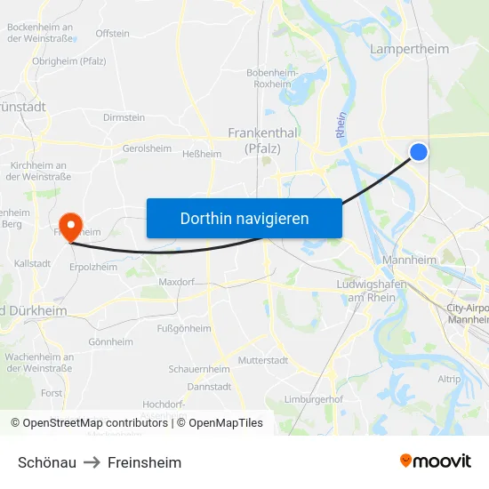 Schönau to Freinsheim map