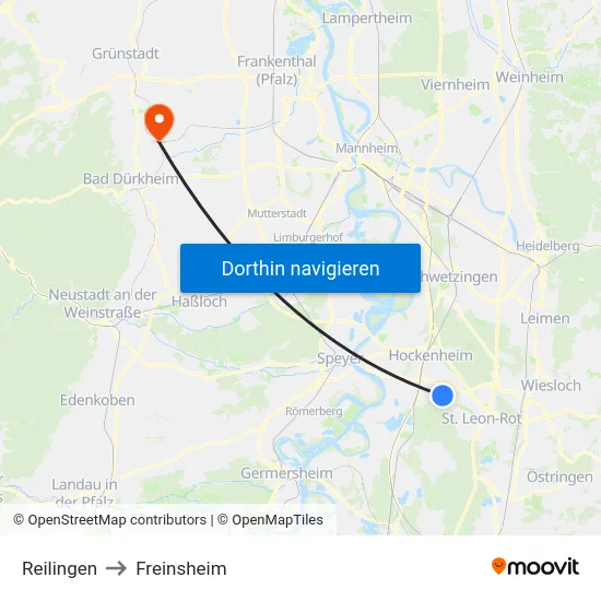 Reilingen to Freinsheim map
