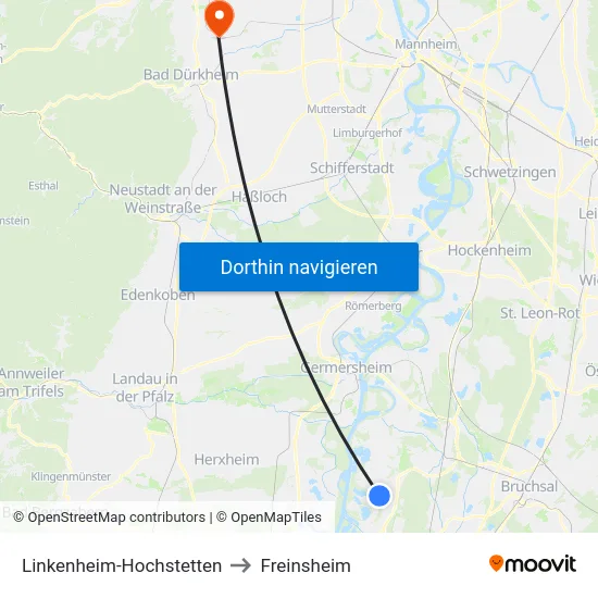 Linkenheim-Hochstetten to Freinsheim map