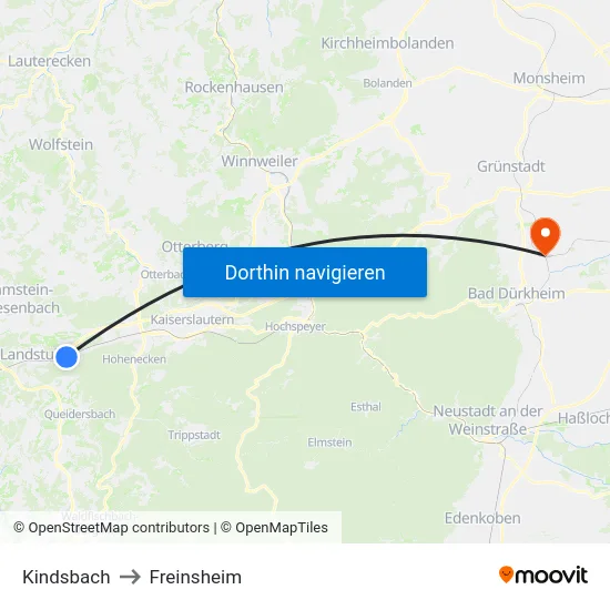 Kindsbach to Freinsheim map
