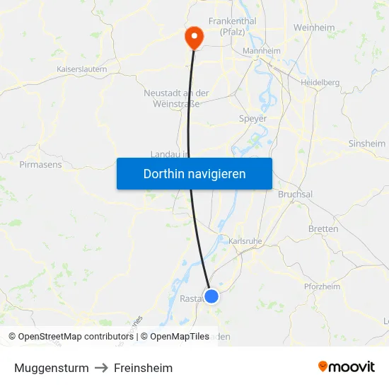 Muggensturm to Freinsheim map
