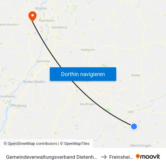 Gemeindeverwaltungsverband Dietenheim to Freinsheim map