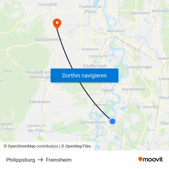 Philippsburg to Freinsheim map