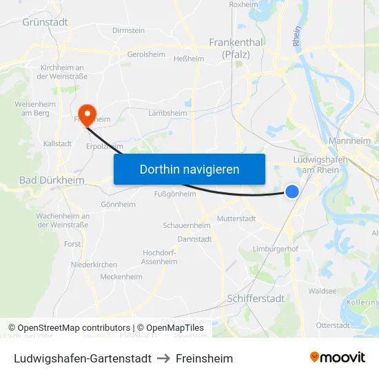 Ludwigshafen-Gartenstadt to Freinsheim map