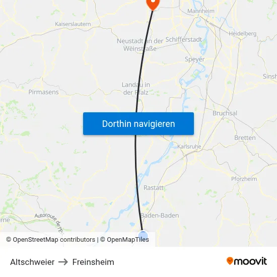 Altschweier to Freinsheim map