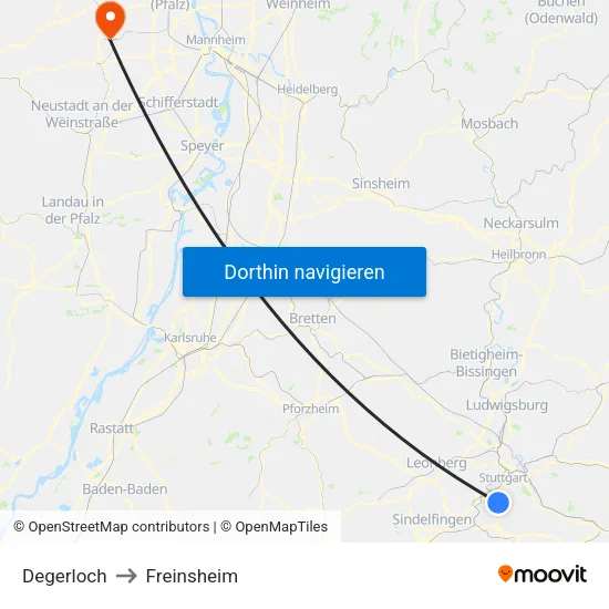 Degerloch to Freinsheim map