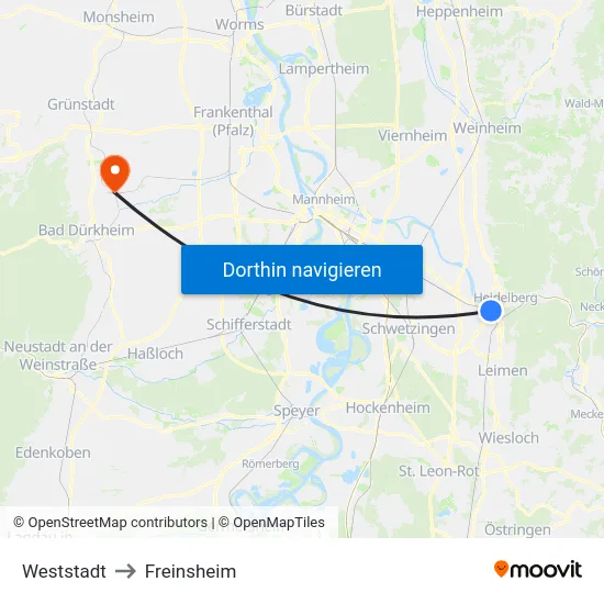 Weststadt to Freinsheim map