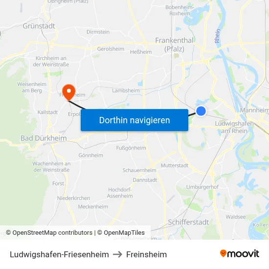 Ludwigshafen-Friesenheim to Freinsheim map