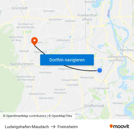 Ludwigshafen-Maudach to Freinsheim map