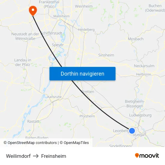 Weilimdorf to Freinsheim map