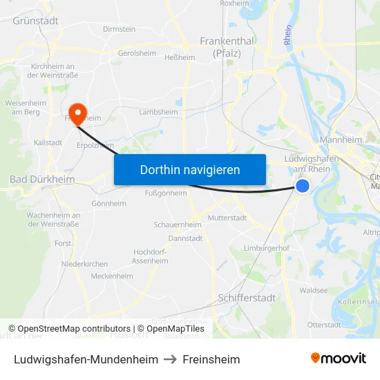Ludwigshafen-Mundenheim to Freinsheim map