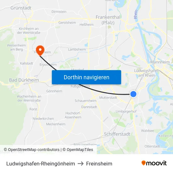 Ludwigshafen-Rheingönheim to Freinsheim map