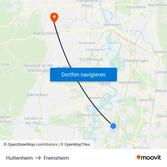 Huttenheim to Freinsheim map
