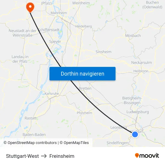 Stuttgart-West to Freinsheim map