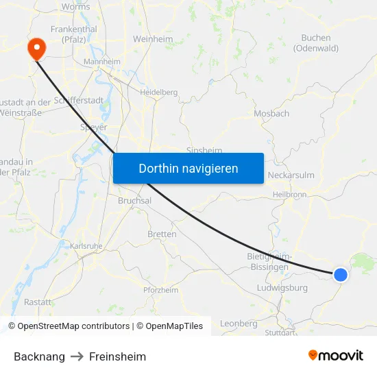Backnang to Freinsheim map