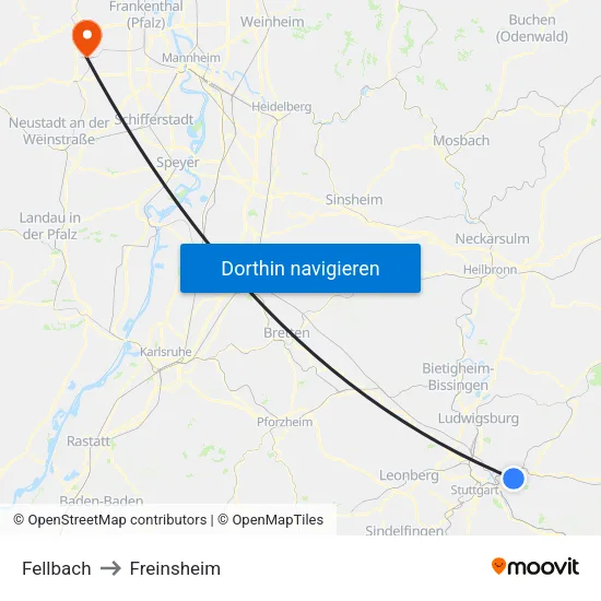 Fellbach to Freinsheim map