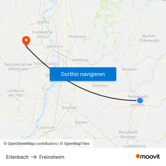 Erlenbach to Freinsheim map