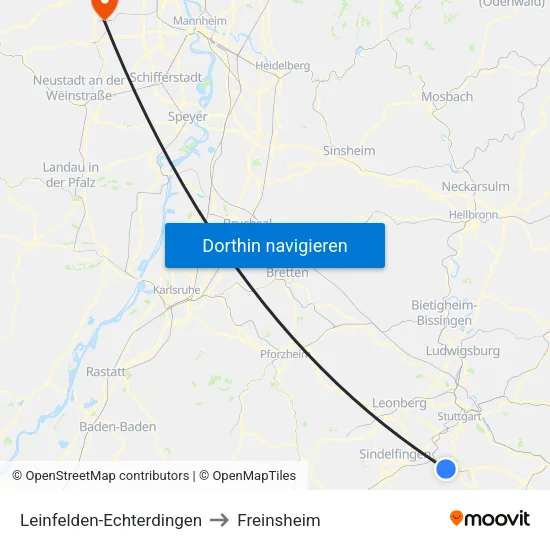 Leinfelden-Echterdingen to Freinsheim map