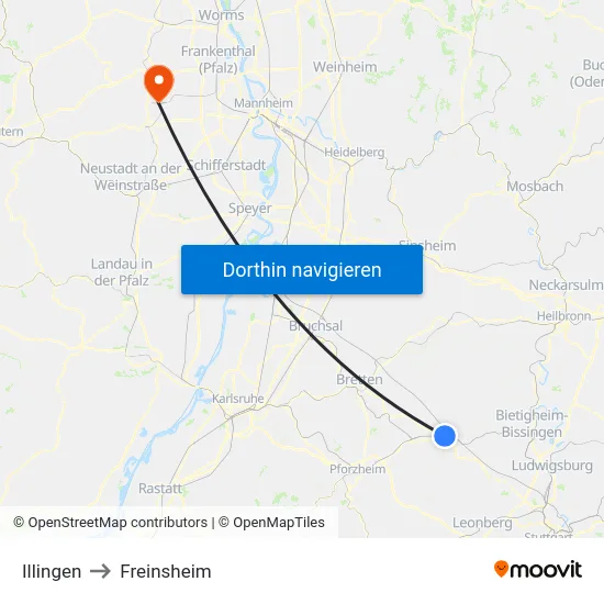 Illingen to Freinsheim map
