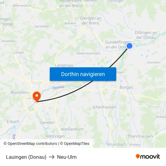 Lauingen (Donau) to Neu-Ulm map