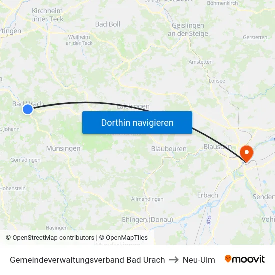 Gemeindeverwaltungsverband Bad Urach to Neu-Ulm map