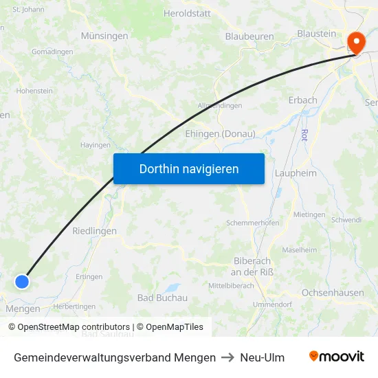 Gemeindeverwaltungsverband Mengen to Neu-Ulm map