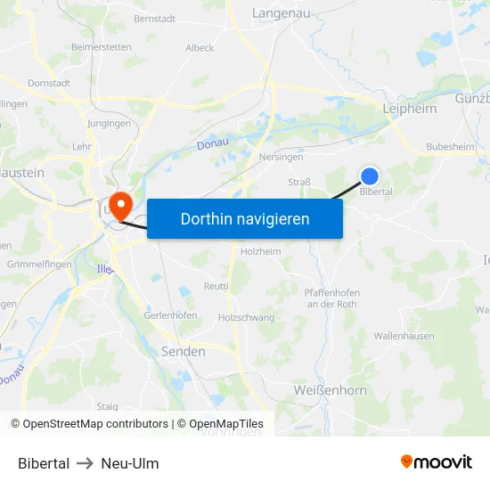 Bibertal to Neu-Ulm map