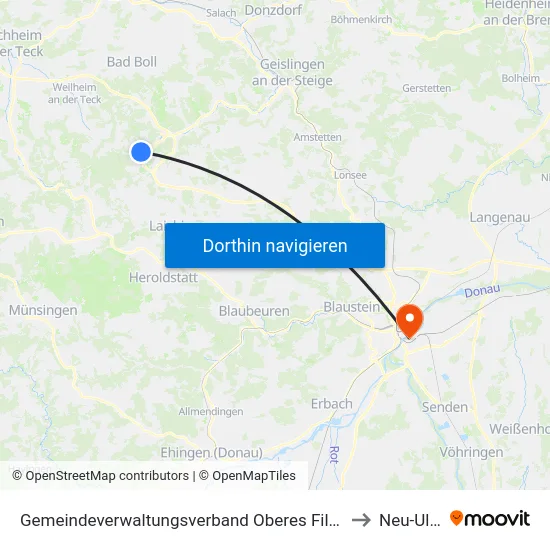 Gemeindeverwaltungsverband Oberes Filstal to Neu-Ulm map