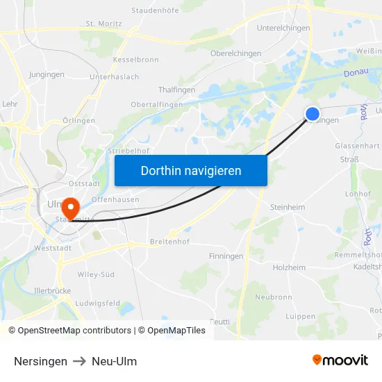 Nersingen to Neu-Ulm map