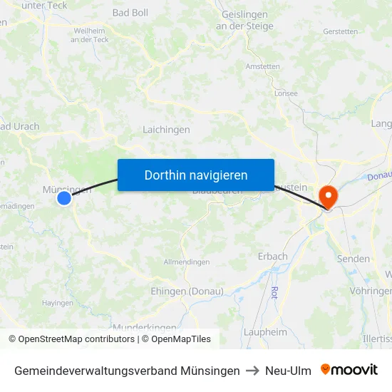 Gemeindeverwaltungsverband Münsingen to Neu-Ulm map