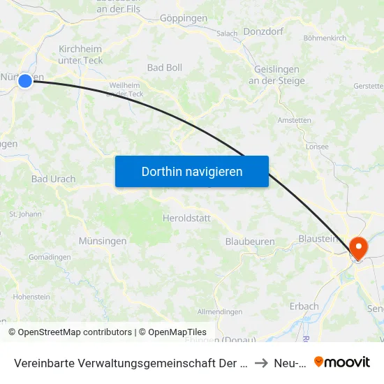 Vereinbarte Verwaltungsgemeinschaft Der Stadt Nürtingen to Neu-Ulm map