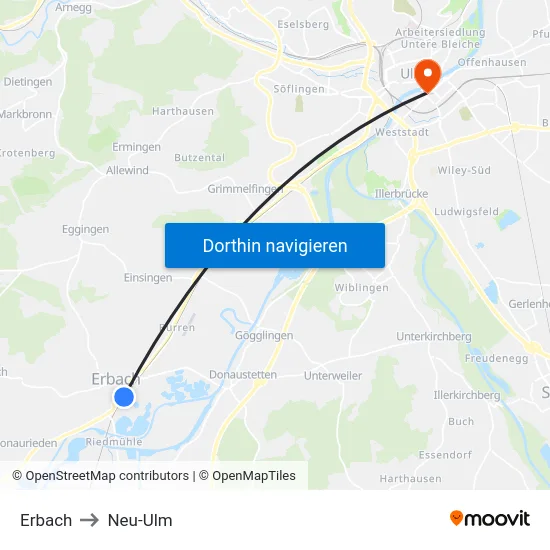 Erbach to Neu-Ulm map