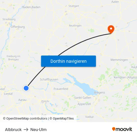Albbruck to Neu-Ulm map