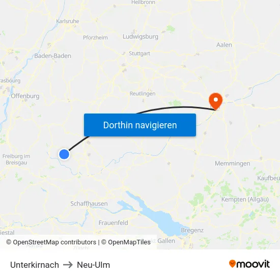 Unterkirnach to Neu-Ulm map