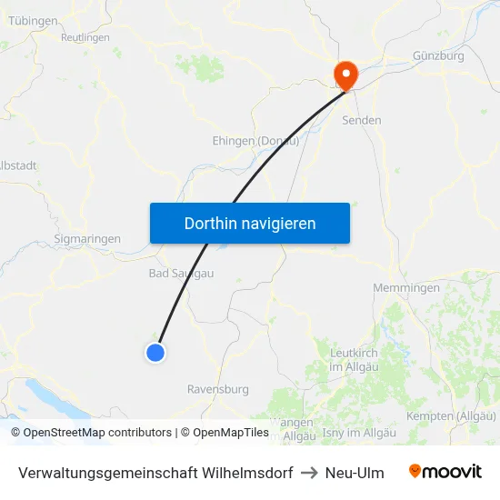 Verwaltungsgemeinschaft Wilhelmsdorf to Neu-Ulm map
