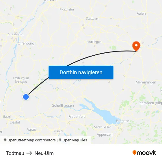 Todtnau to Neu-Ulm map