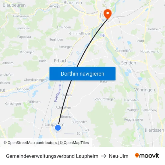 Gemeindeverwaltungsverband Laupheim to Neu-Ulm map