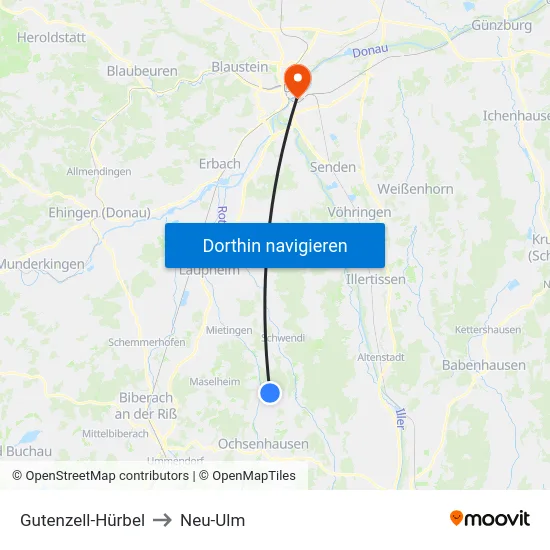 Gutenzell-Hürbel to Neu-Ulm map
