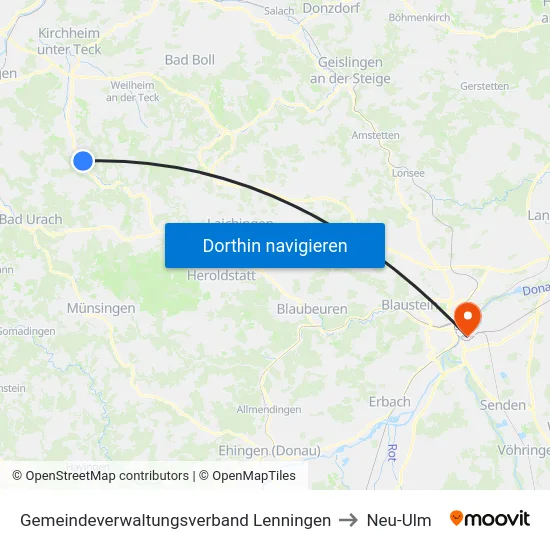 Gemeindeverwaltungsverband Lenningen to Neu-Ulm map