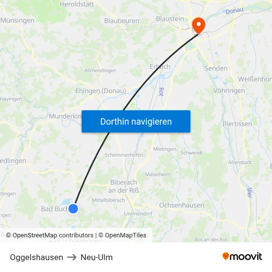 Oggelshausen to Neu-Ulm map