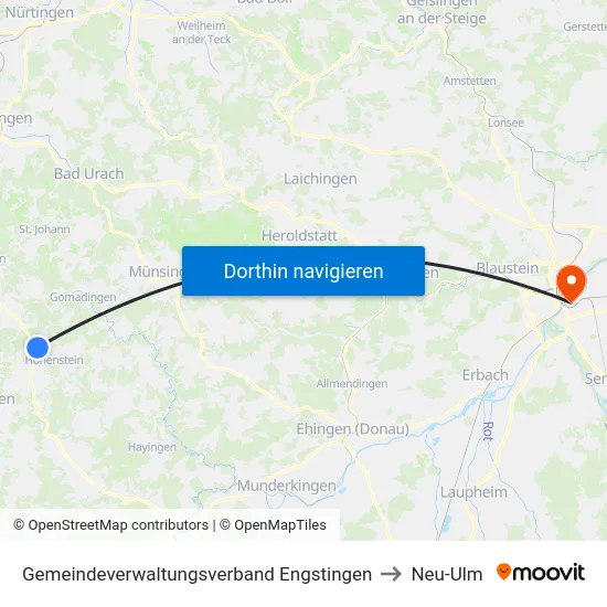 Gemeindeverwaltungsverband Engstingen to Neu-Ulm map