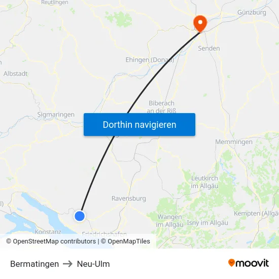 Bermatingen to Neu-Ulm map